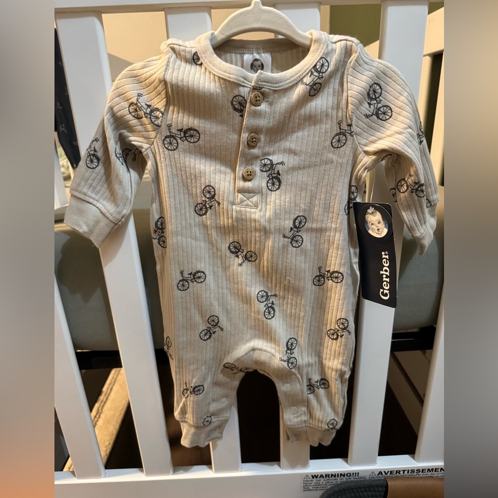Gerber Cream Ribbed Long-Sleeve Romper with Black Bicycle Print